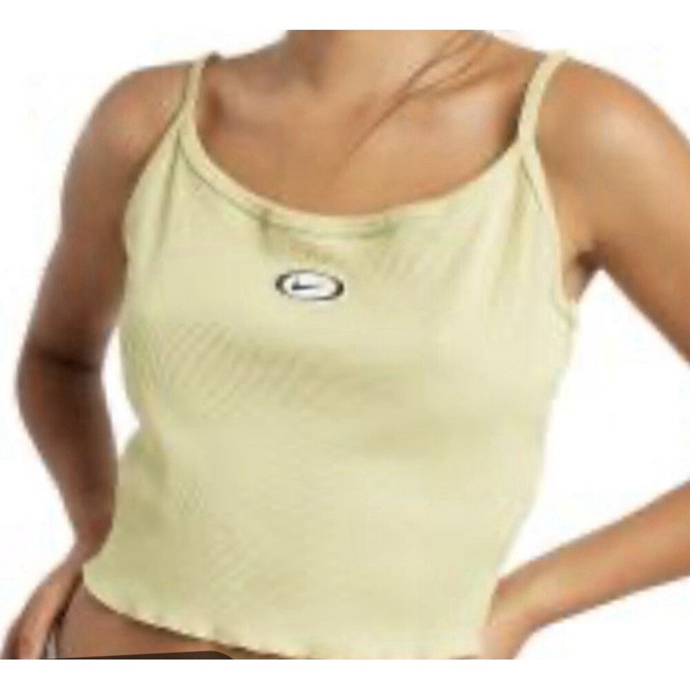 NIKE Ribbed Tank Cami Top Size S Yellow Cropped Lettuce Hem Center Swoosh